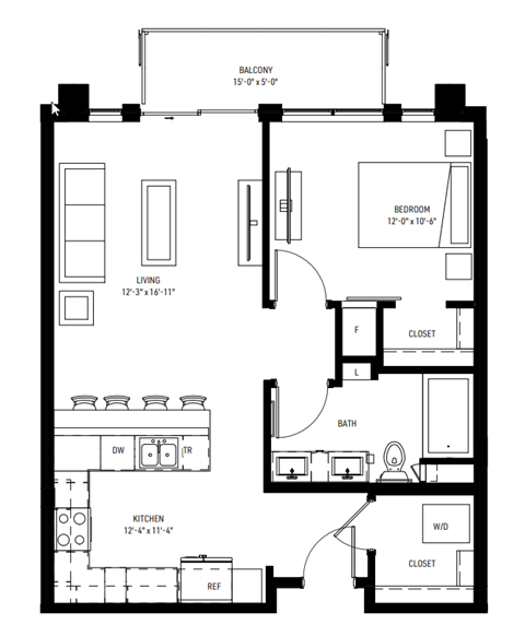 Floor plan for 1 bed, 1 bath, 750 sqft